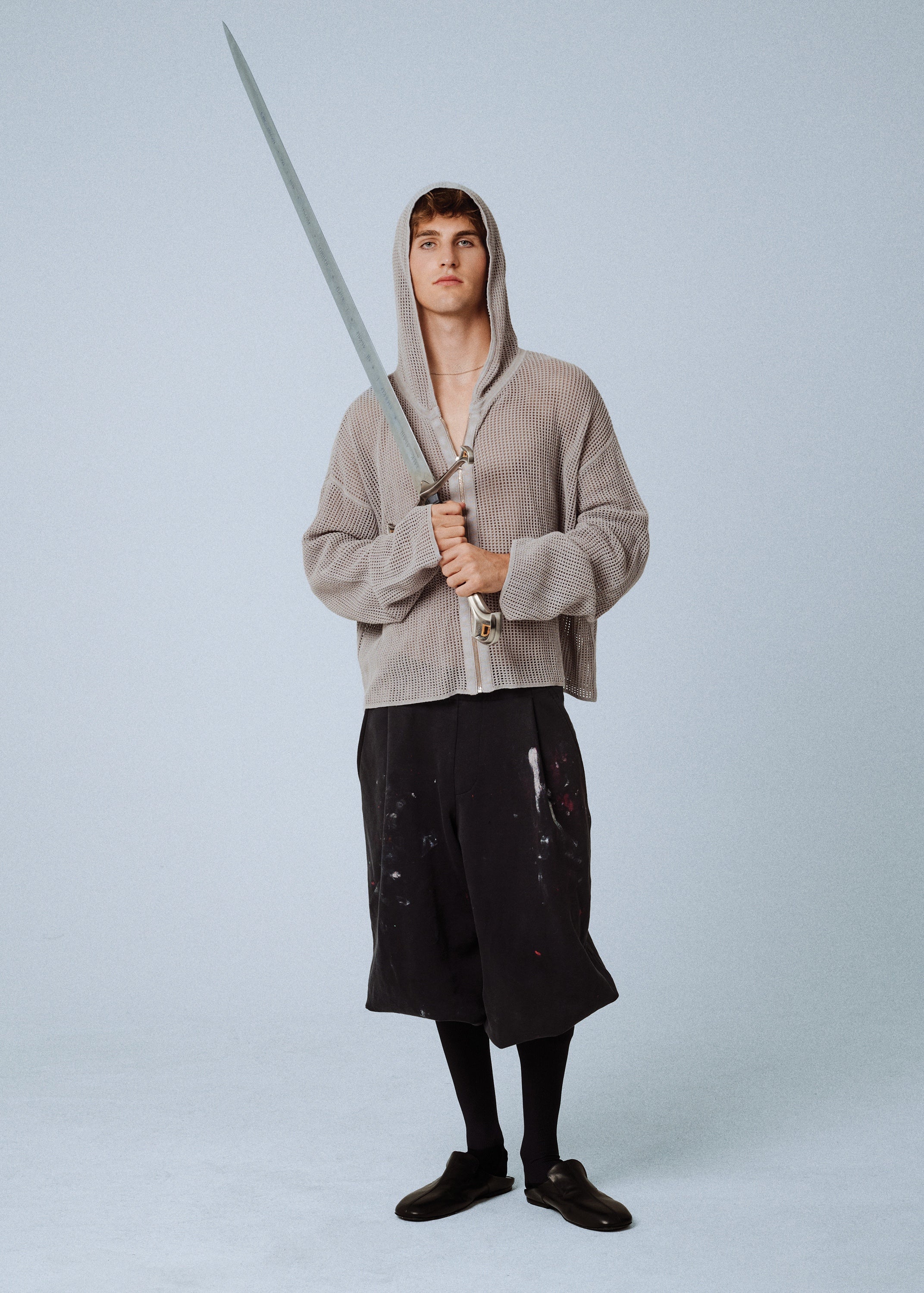 KNIGHT TEMPLAR KNIT ZIP-UP HOODIE IN STONE