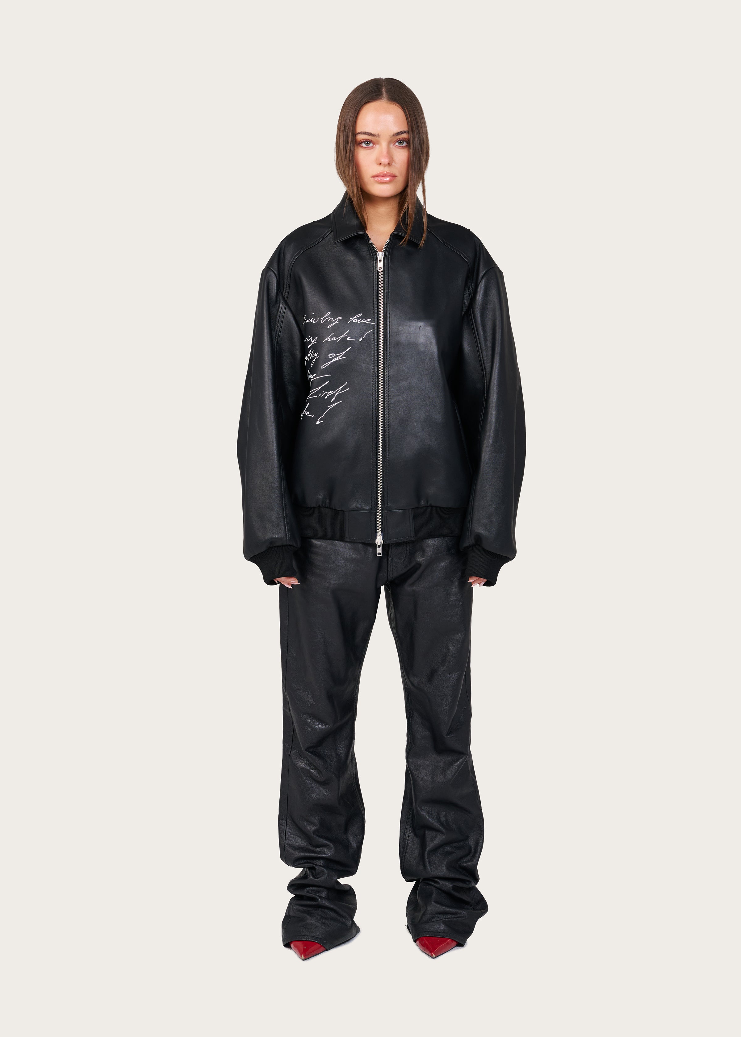 LOVE LET ME GO LEATHER BOMBER JACKET